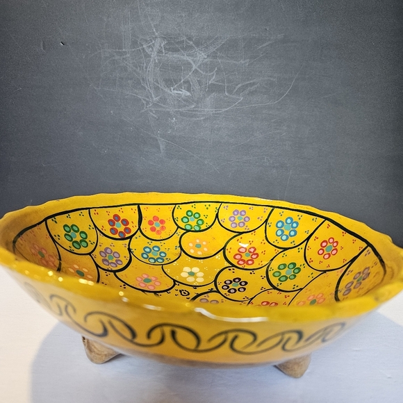 Colorful Mexican Talavera Pottery 3 Footed Bowl Orange w/ Flowers 9.5 inches - Picture 5 of 7